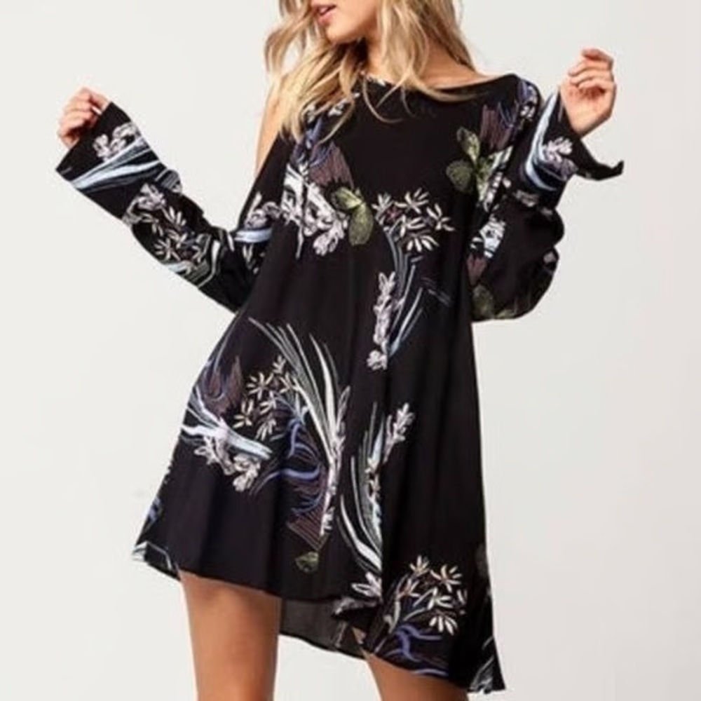Free People Clear Skies Printed Tunic Dress - Long Sleeve Cut-out Mini Dress